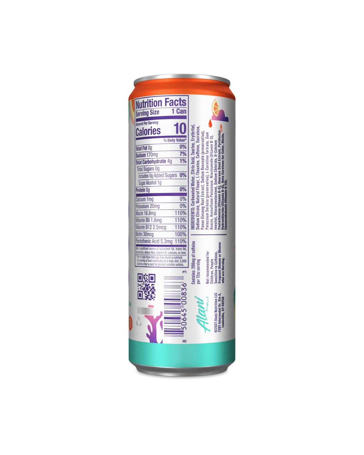A can of Alani Nu Energy Drink - Mimosa showing its nutrition facts label, indicating it has 10 calories per serving, 0g of total fat, 7g of total carbohydrates, and 0g of protein. The serving size is 1 can.