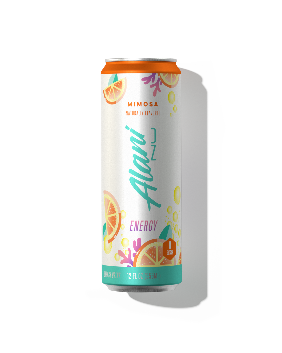 A can of Alani Nu Energy Drink - Mimosa, 12 fluid ounces (355 ml), with vibrant fruit and bubble graphics on a white and orange background.