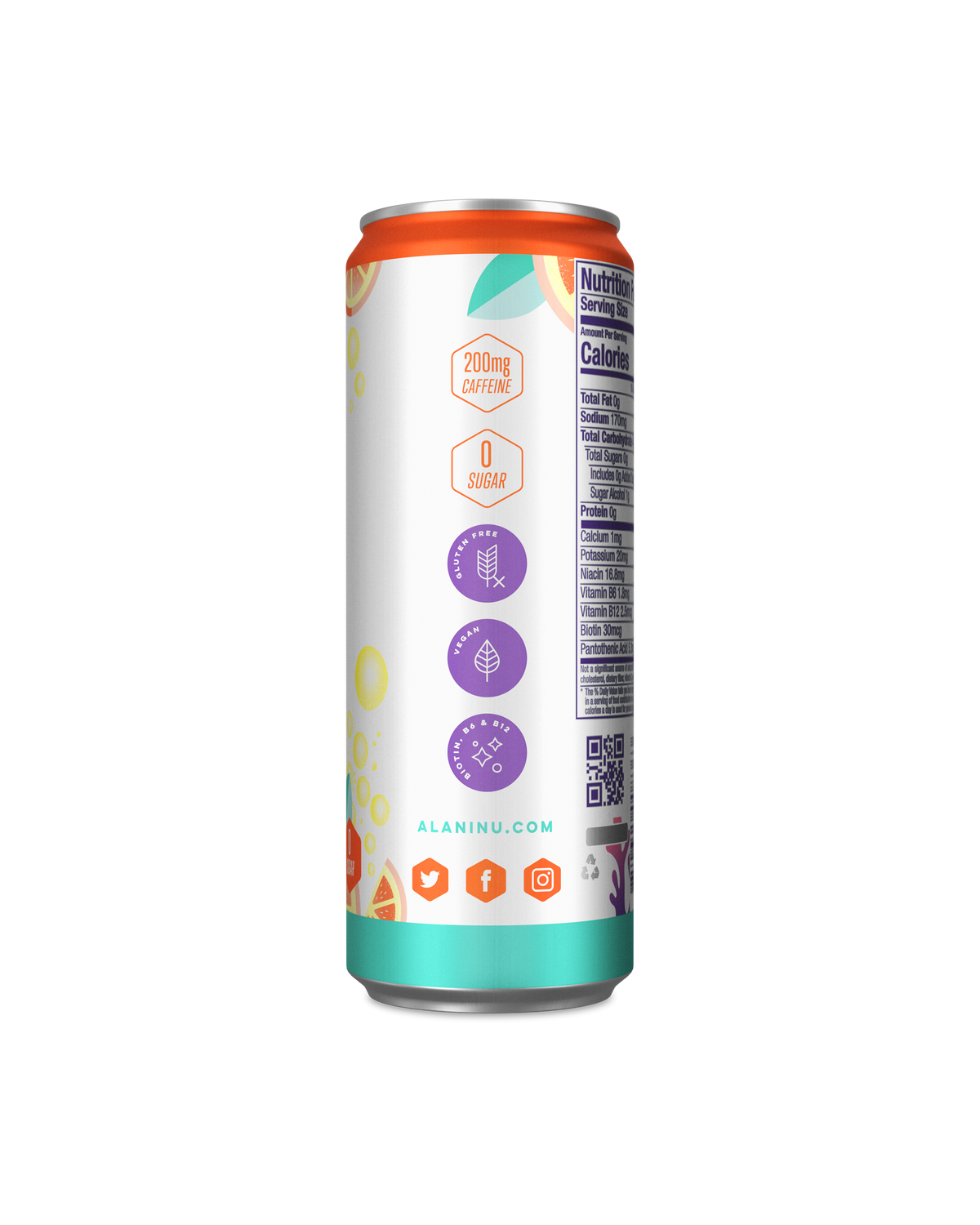 A tall, cylindrical can with a white, orange, and teal design includes icons of caffeine content (200mg), sugar (0), and other attributes. Website link, &quot;ALANIU.COM,&quot; is printed at the bottom. The product is Energy Drink - Mimosa by Alani Nu.