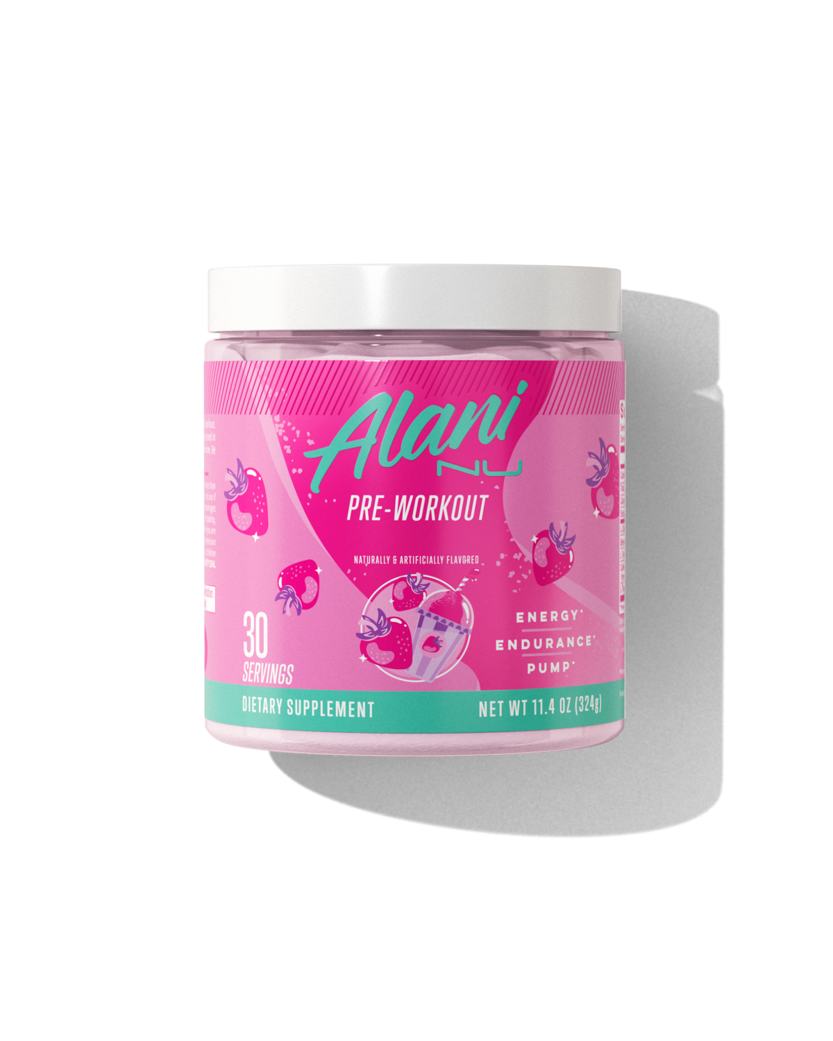 Alani Nu's Pre-Workout - Pink Slush boasts a vibrant pink label with fruit graphics. It offers 30 servings for energy, endurance, and pump without sugar. With caffeine for workout boosts, it has a net weight of 11.4 oz (324g).