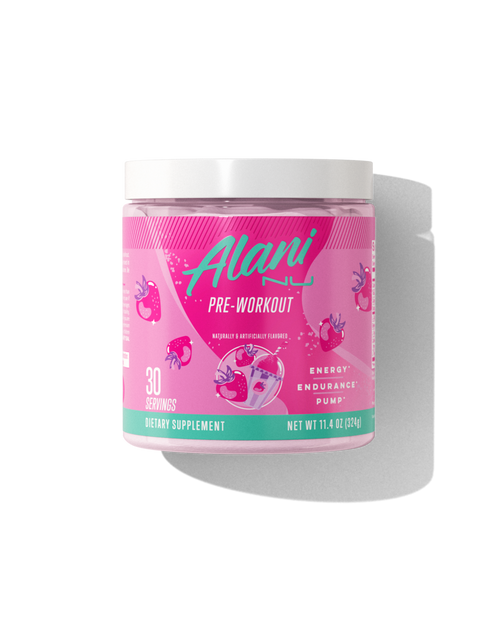 Alani Nu's Pre-Workout - Pink Slush boasts a vibrant pink label with fruit graphics. It offers 30 servings for energy, endurance, and pump without sugar. With caffeine for workout boosts, it has a net weight of 11.4 oz (324g).