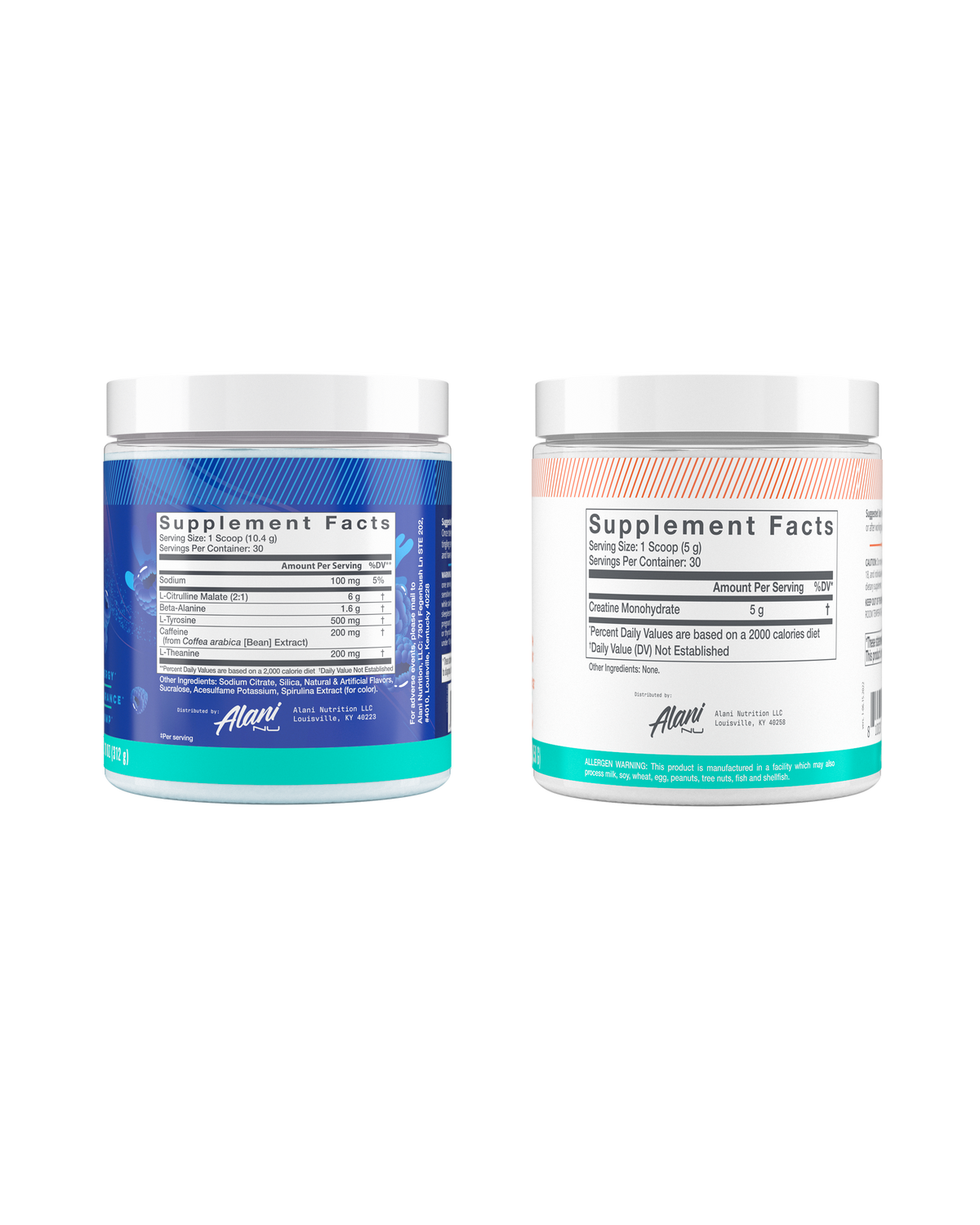 A back view of breezeberry pre-workout and unflavored creatine showcasing supplement facts.