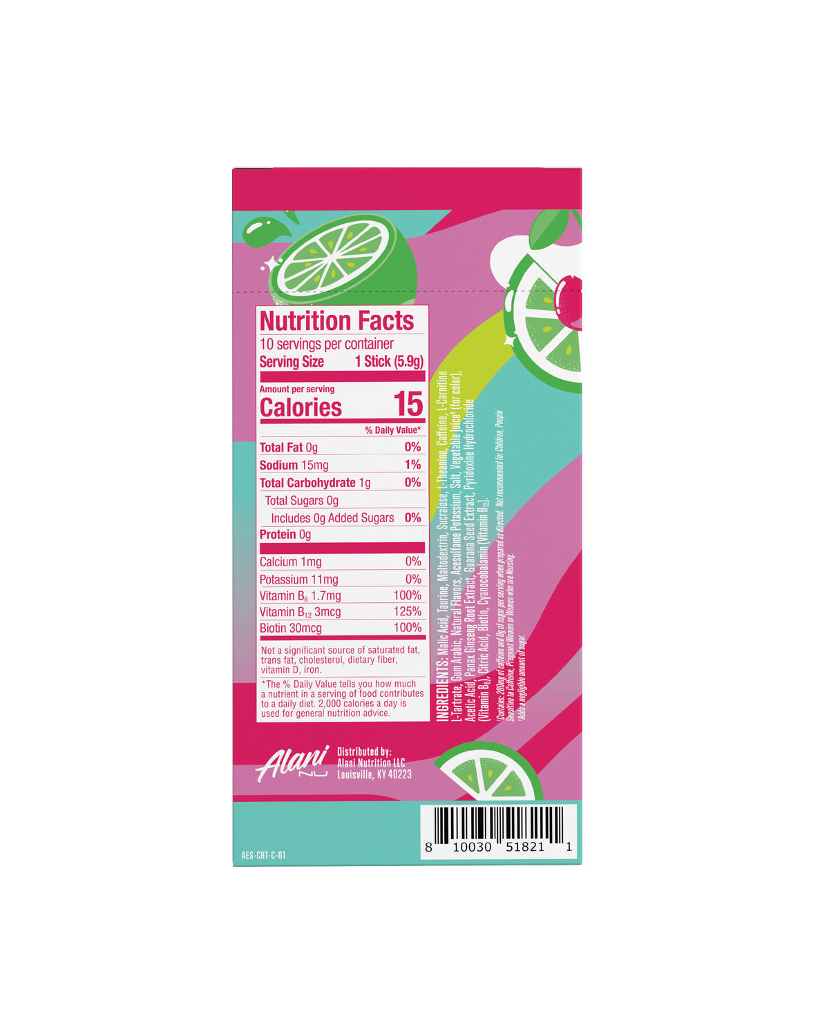 The back view of a 15-calorie Pink Slush Energy Stick 10-Pack, highlighting nutritional facts and ingredients. 