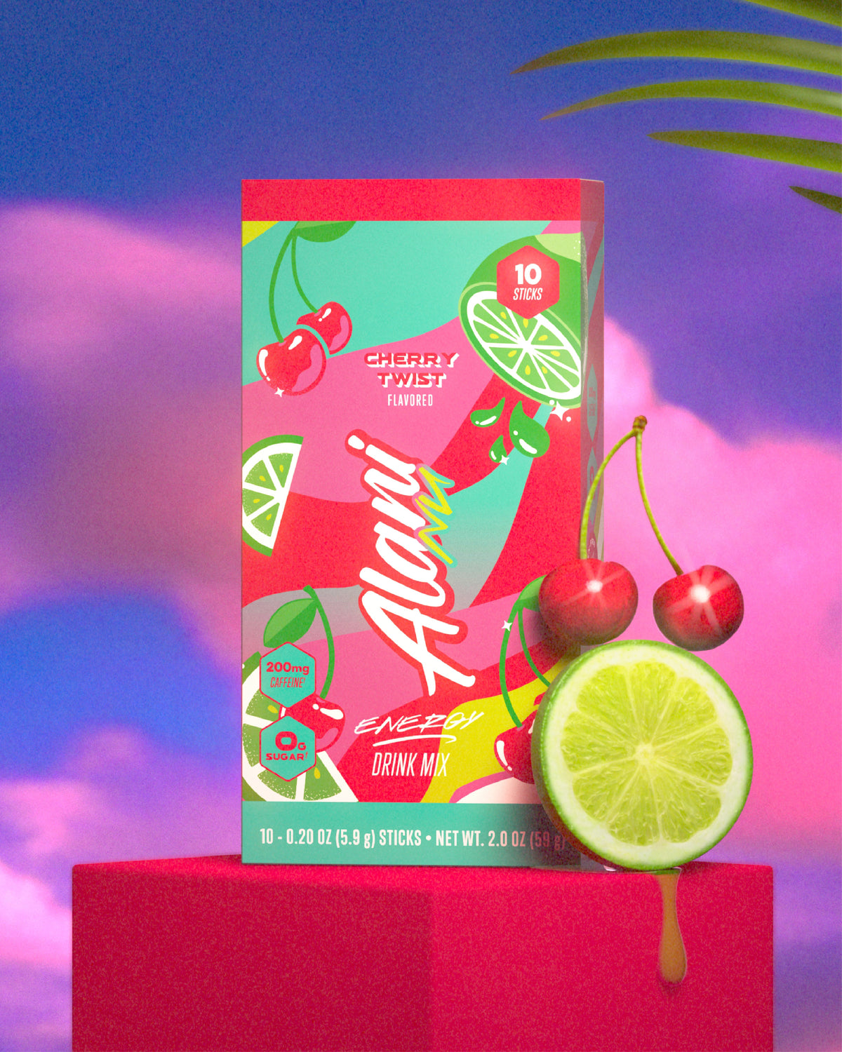 A Pink Slush Energy Stick and its 10-pack carton floating with sparkling strawberries and dazzling diamonds in front of a hot pink backdrop. 