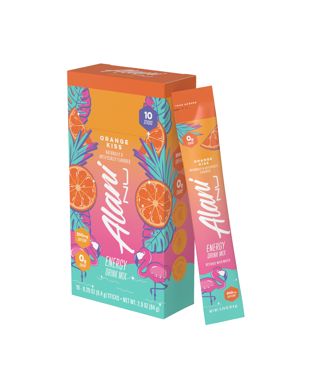 The front view of a sugar-free Alani Nu Orange Kiss Energy Drink Mix 10-Pack, naturally and artificially flavored and made with 200mg of caffeine. 