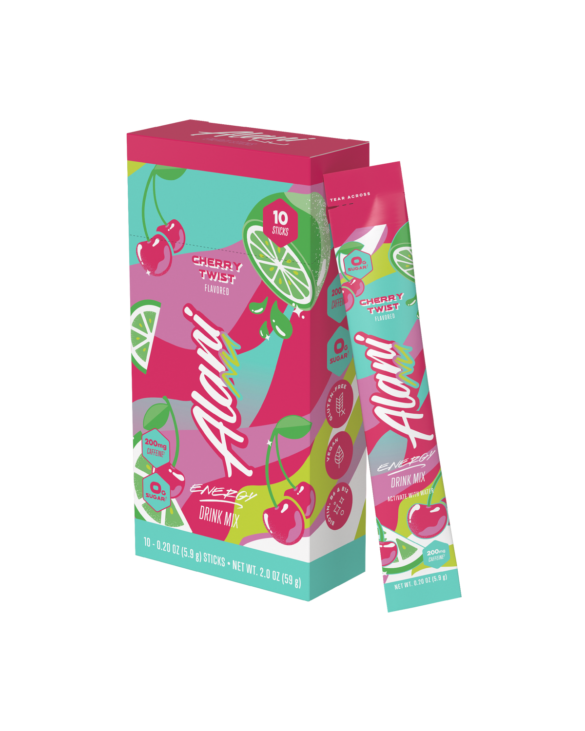 The front view of a sugar-free Alani Nu Pink Slush Energy Drink Mix 10-Pack, flavored with other natural flavors and made with 200mg of caffeine. 