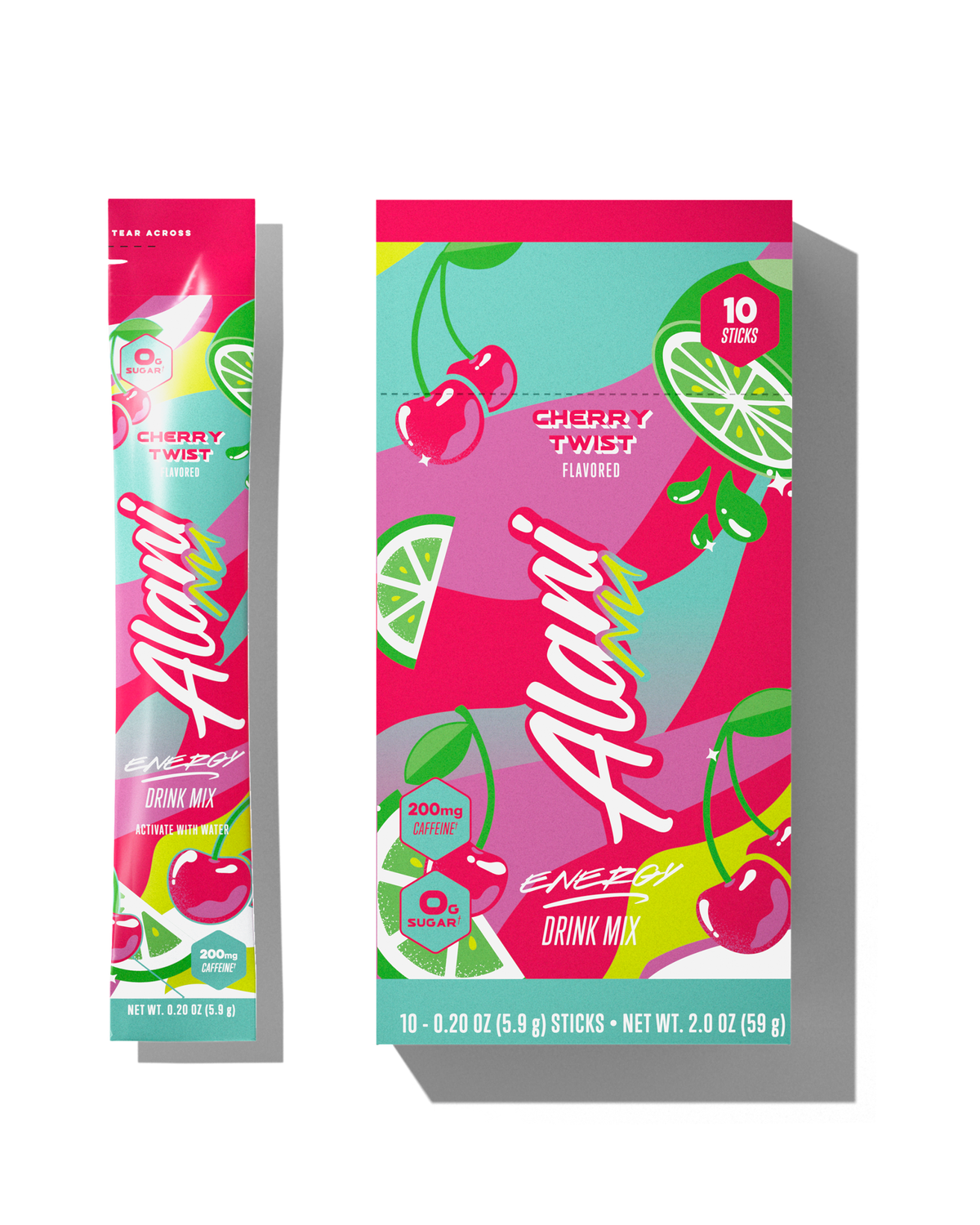 The front views of a 0.29oz stick and a 10-pack of Alani’s sugar-free Pink Slush Energy Drink Mix, flavored with other natural flavors and made with 200mg of caffeine. 