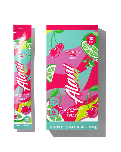 The front views of a 0.29oz stick and a 10-pack of Alani’s sugar-free Pink Slush Energy Drink Mix, flavored with other natural flavors and made with 200mg of caffeine. 