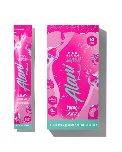 The front views of a 0.29oz stick and a 10-pack of Alani’s sugar-free Pink Slush Energy Drink Mix, flavored with other natural flavors and made with 200mg of caffeine. 