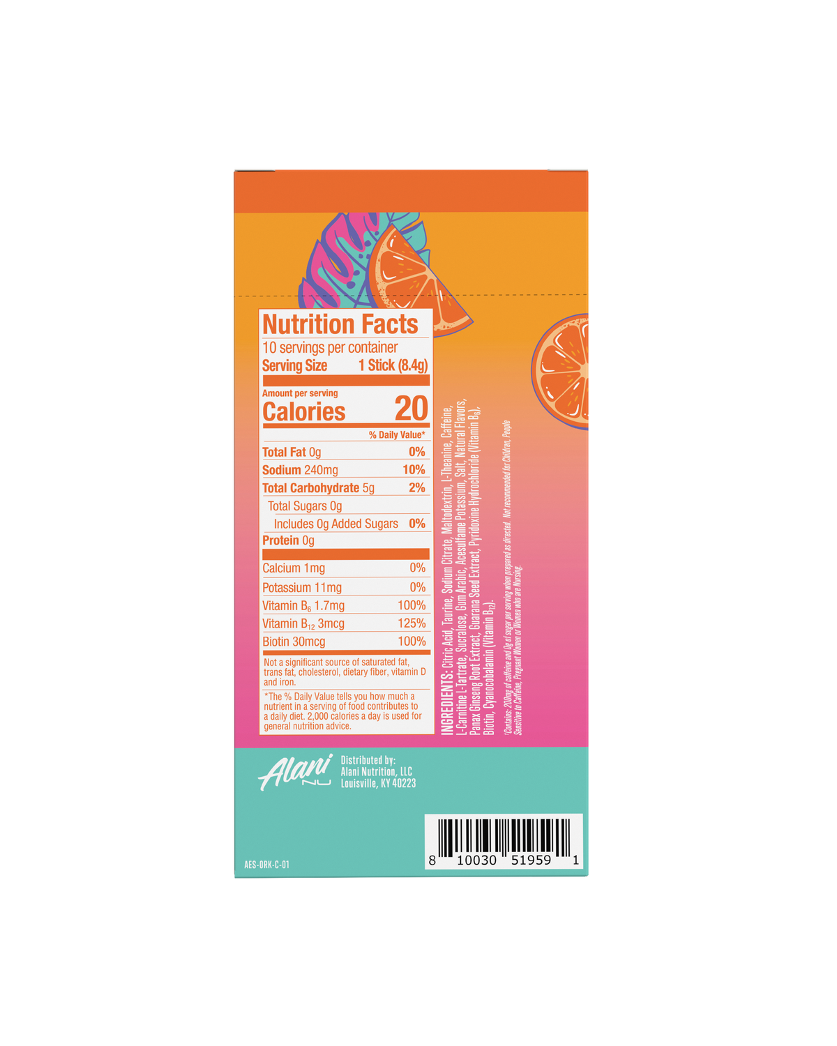 The back view of a 20-calorie Orange Kiss Energy Stick 10-Pack, highlighting nutritional facts and ingredients. 