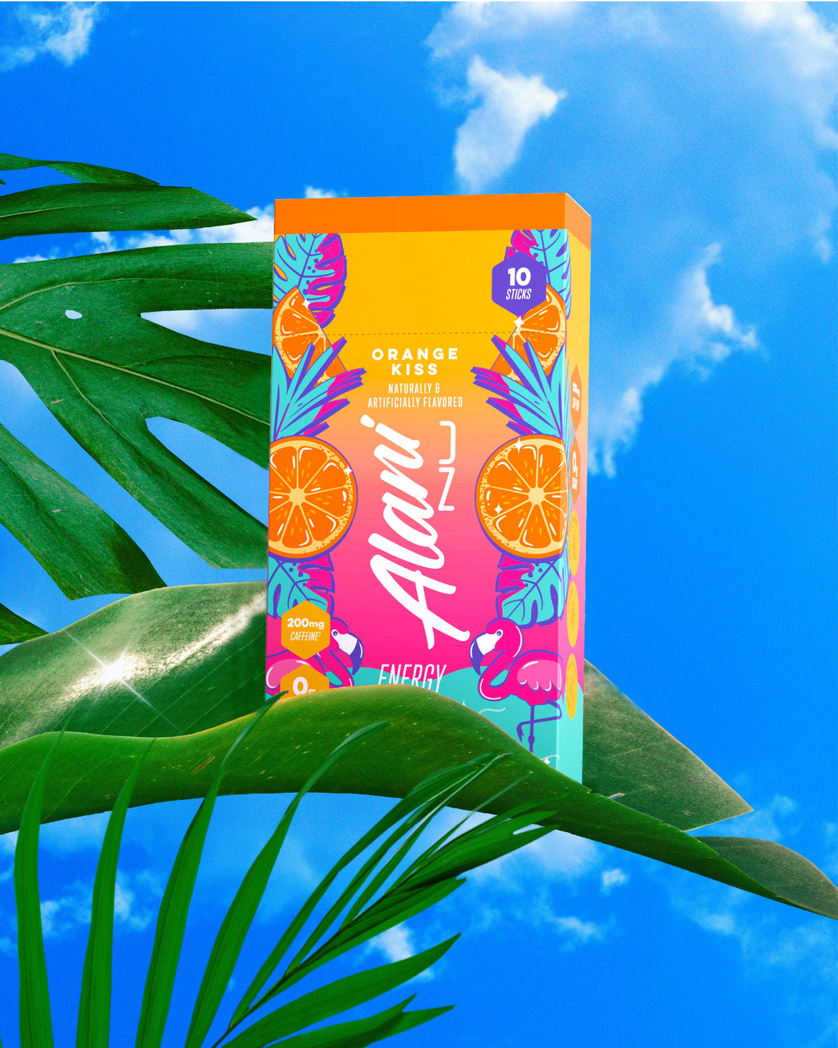 An Alani Nu Orange Kiss Energy Stick 10-Pack nestled in a pile of bright, fresh-picked oranges. 