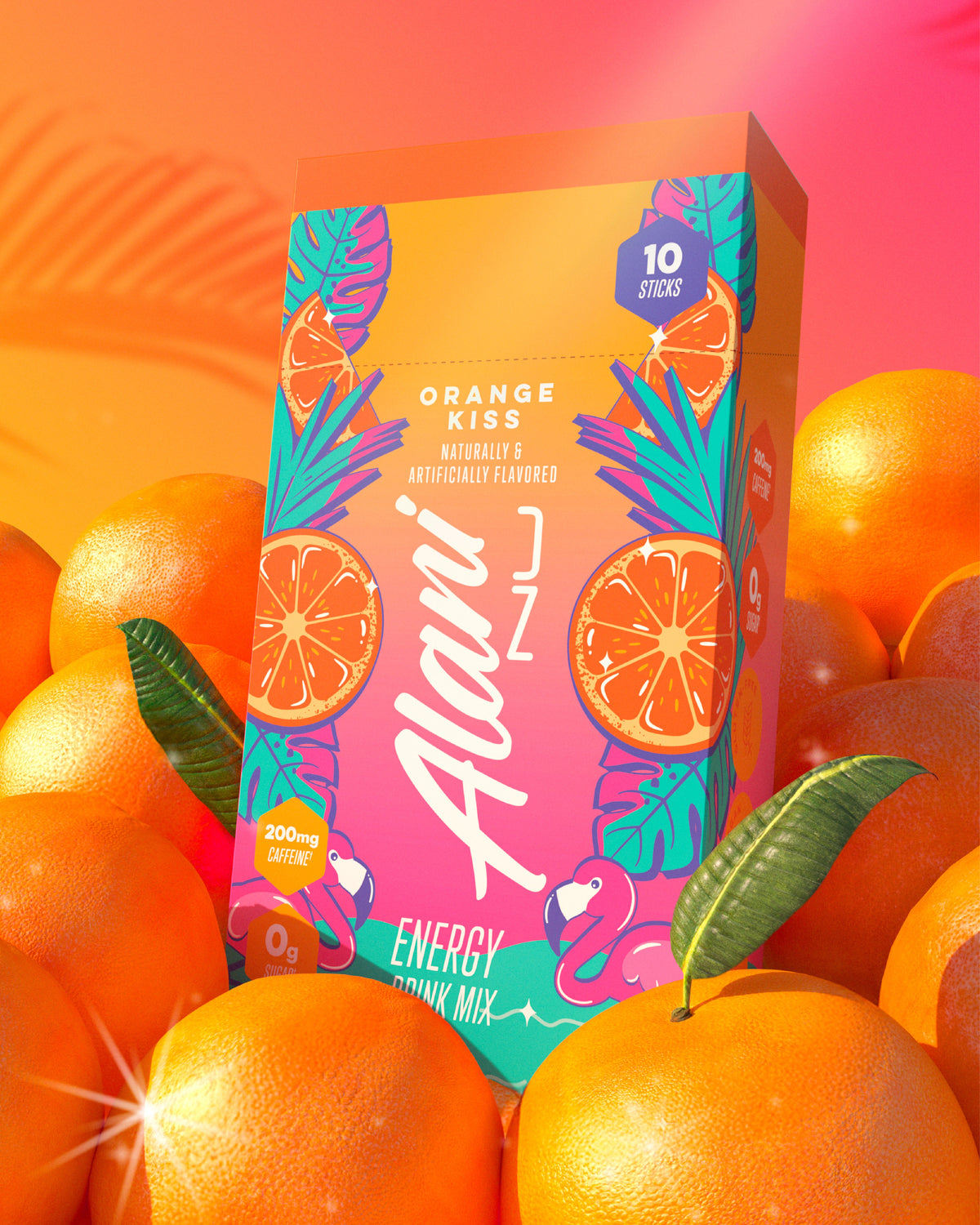 An Orange Kiss Energy Stick 10-Pack perched on a tropical leaf in front of a bright blue sky. 