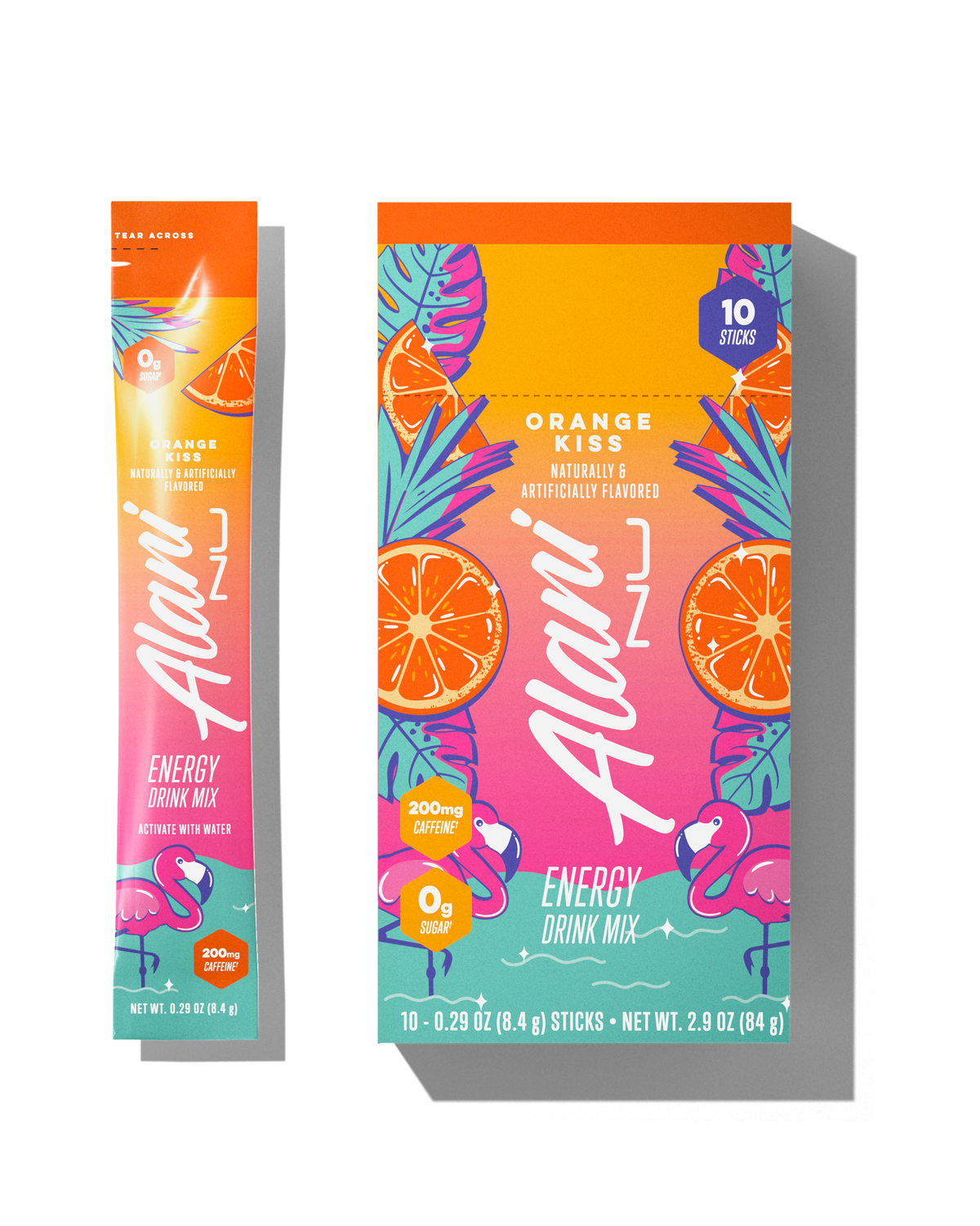 The front views of a 0.29oz stick and a 10-pack of Alani’s sugar-free Orange Kiss Energy Drink Mix, naturally and artificially flavored and made with 200mg of caffeine. 