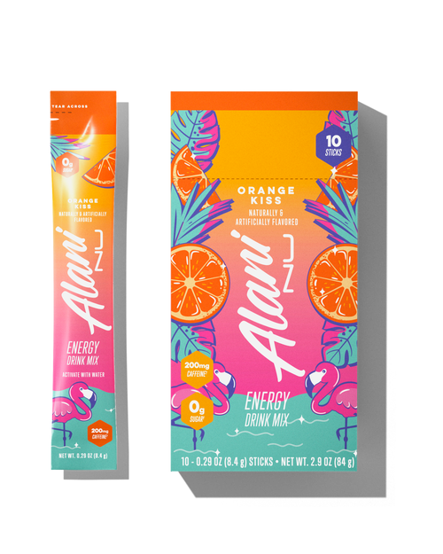 The front views of a 0.29oz stick and a 10-pack of Alani’s sugar-free Orange Kiss Energy Drink Mix, naturally and artificially flavored and made with 200mg of caffeine. 