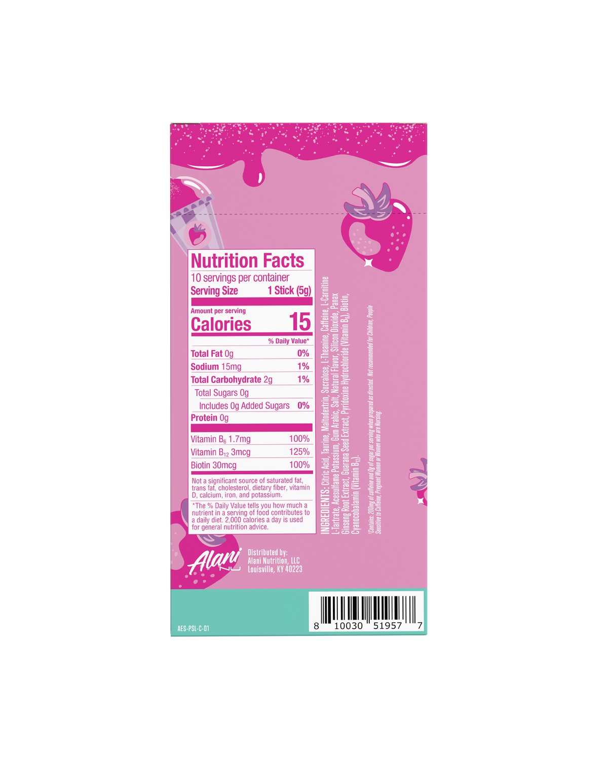 The back view of a 15-calorie Pink Slush Energy Stick 10-Pack, highlighting nutritional facts and ingredients. 