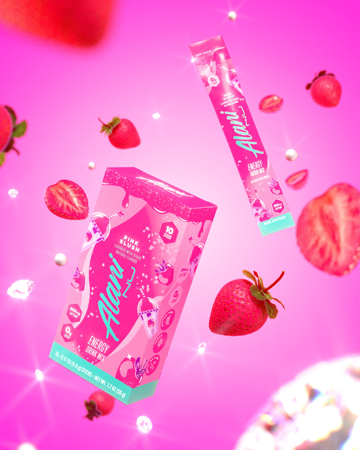 A Pink Slush Energy Stick and its 10-pack carton floating with sparkling strawberries and dazzling diamonds in front of a hot pink backdrop. 