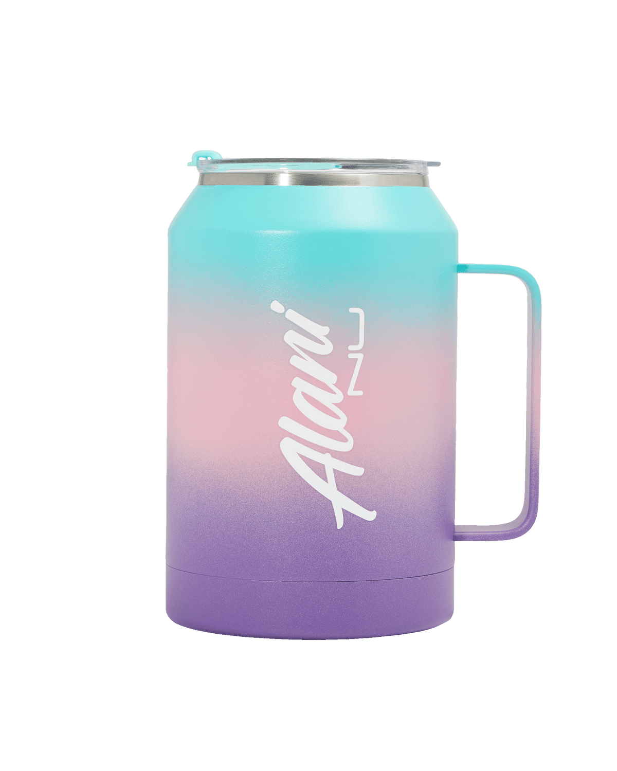 The Keg Tumbler - Solstice Ombre by Alani Nu is a large insulated mug with a handle, featuring a gradient design from turquoise to pink to purple.