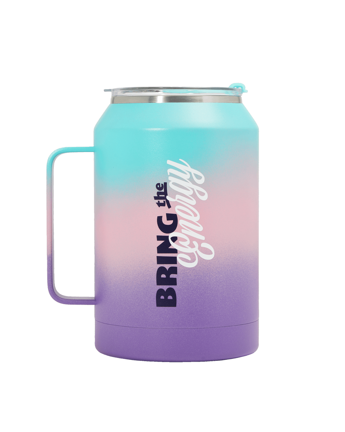 The Alani Nu Keg Tumbler in Solstice Ombre features a handle and pastel blue, pink, and purple gradient colors with "Bring the Energy" in bold letters.