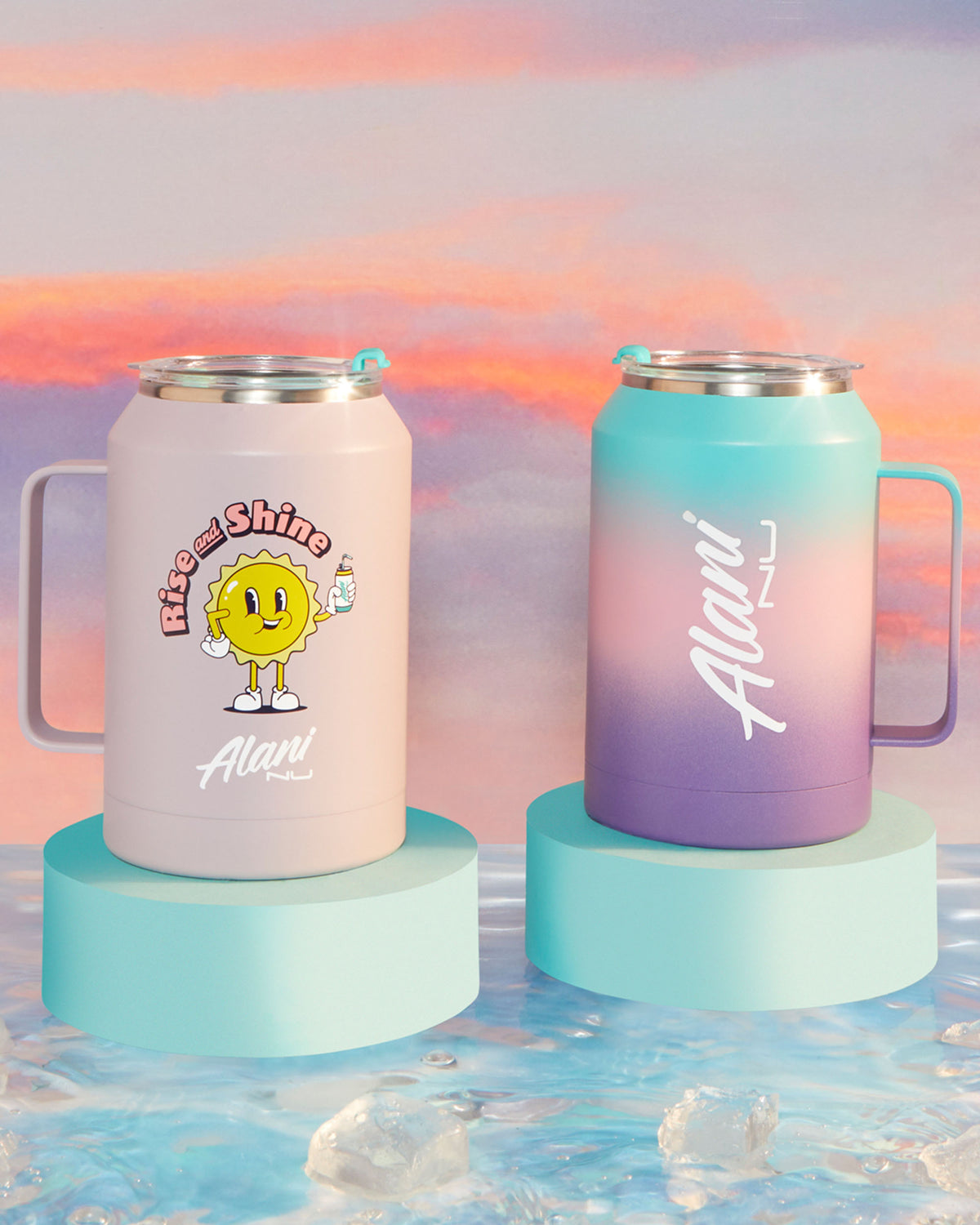 Two insulated tumblers on teal pedestals over ice feature a &quot;Rise and Shine&quot; design with a sun character and the Alani Nu Keg Tumbler in Solstice Ombre. The sky is colorful in the background.