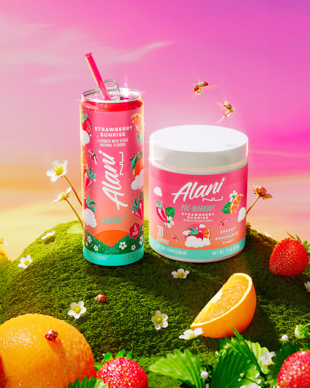 Alani Nu’s limited-edition Strawberry Sunrise Energy and Pre-Workout floating on a cloud at sunrise, surrounded by fresh fruit.	