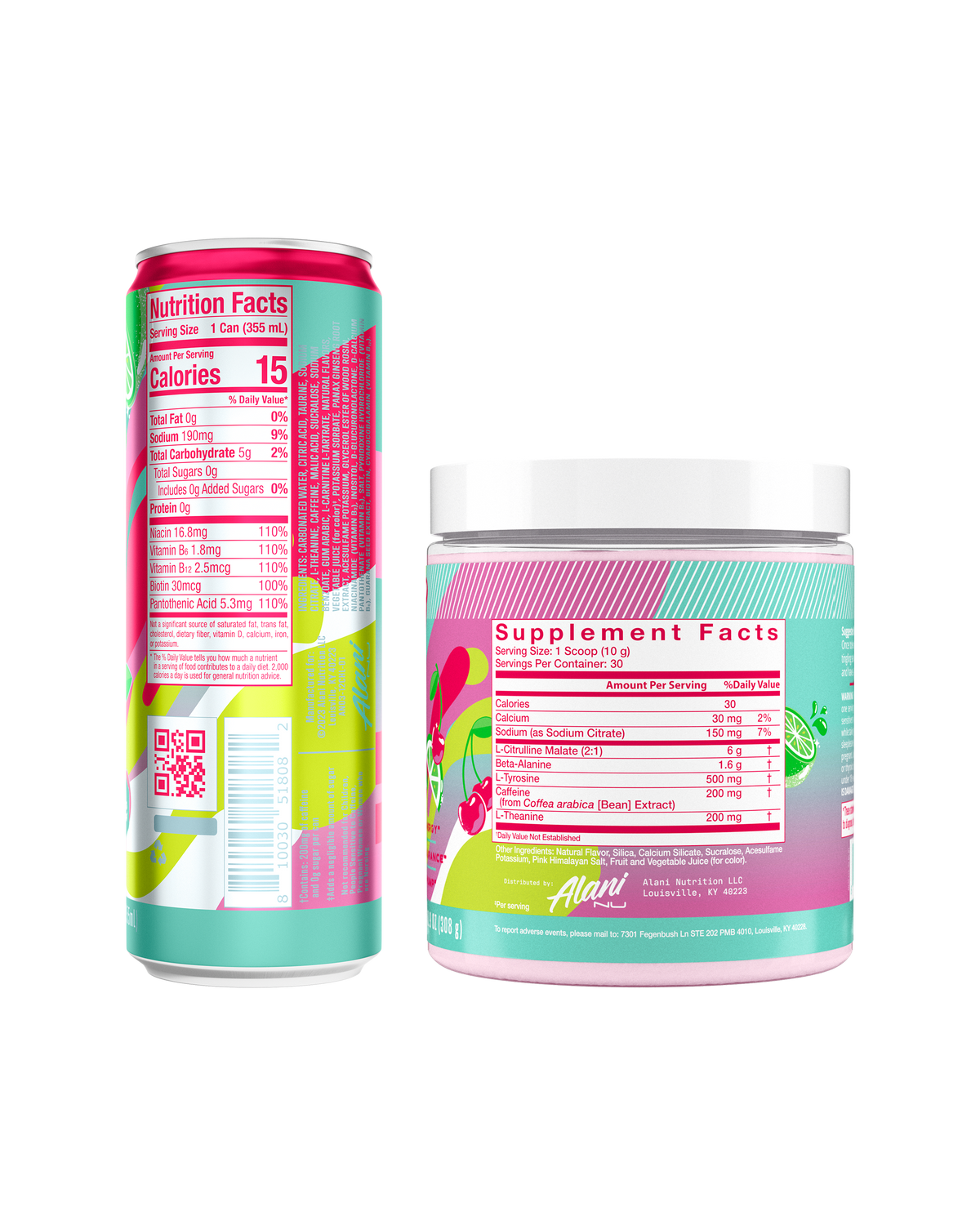 The back view of an Alani Nu Cherry Twist Drink can and Pre-Workout tub, showing nutrition facts.  