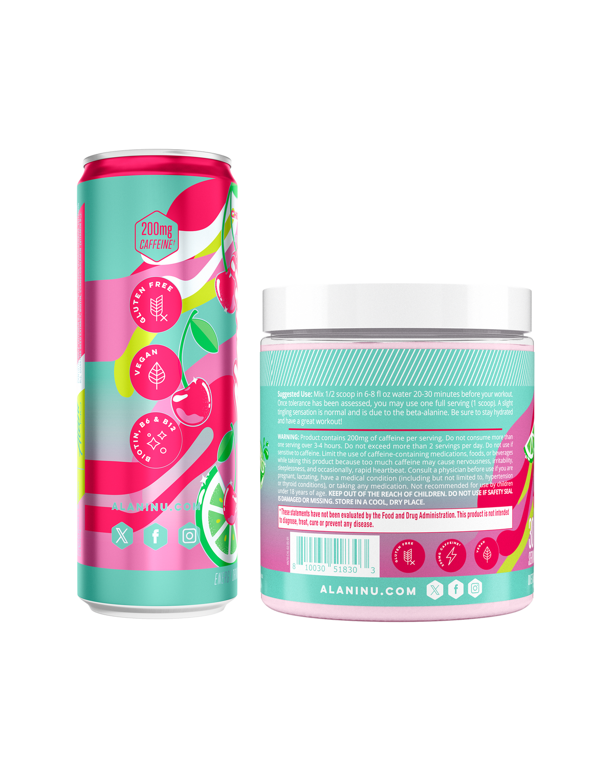 The side view of an Alani Nu Cherry Twist Energy Drink can and Pre-	Workout tub 