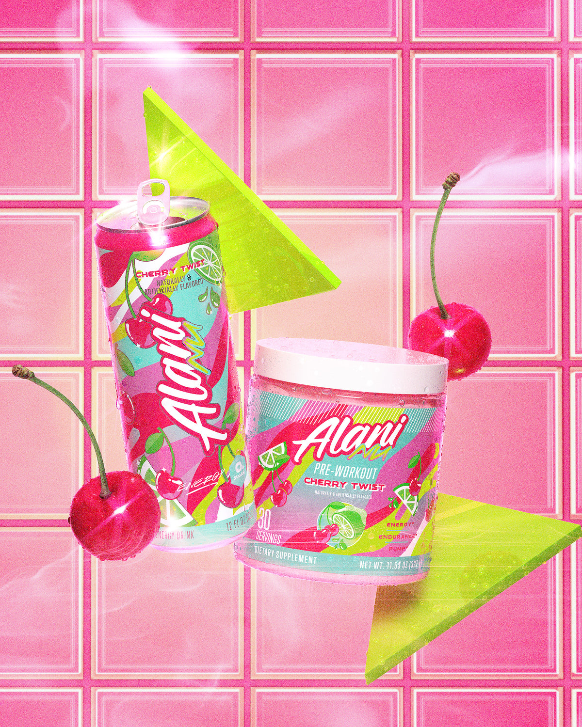 Cherry Twist Energy and Pre-Workout suspended in air along with retro lime green triangles and cherries against a pink tile background.  