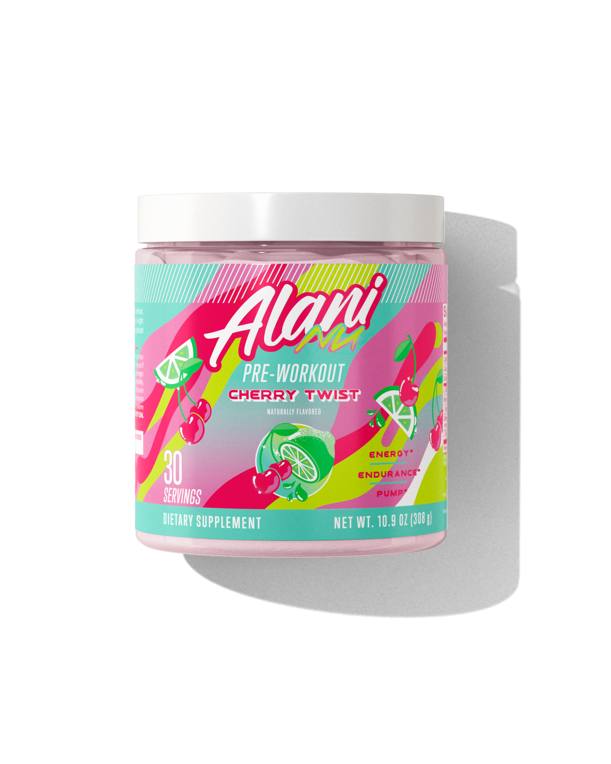 The front view of a 30-serve tub of Alani Nu Cherry Twist Pre-Workout, naturally flavored and made to support energy, endurance, and pump. 