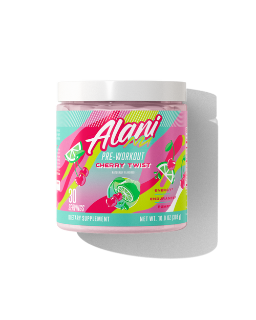 The front view of a 30-serve tub of Alani Nu Cherry Twist Pre-Workout, naturally flavored and made to support energy, endurance, and pump. 