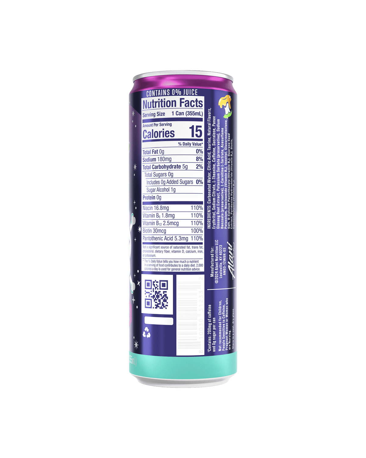 The back view of an Alani Nu Witch’s Brew Energy Drink can, highlighting nutrition facts. 