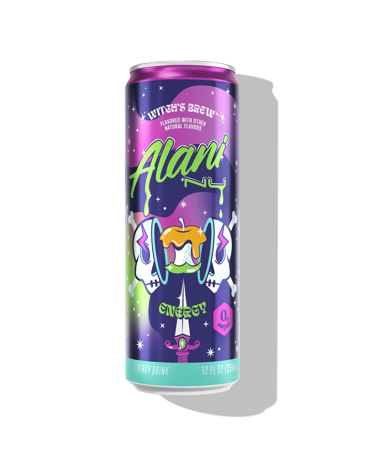 The front view of a limited-edition Alani Nu Witch's Brew Energy Drink can, made with zero sugar. 