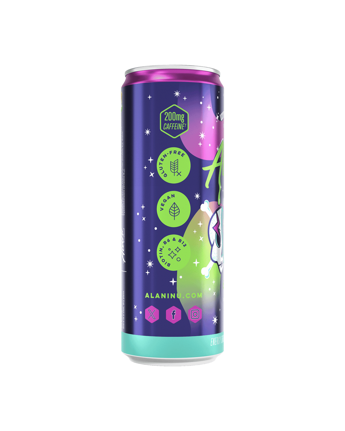 The side view of an Alani Nu Witch’s Brew Energy Drink can, showcasing product details. 