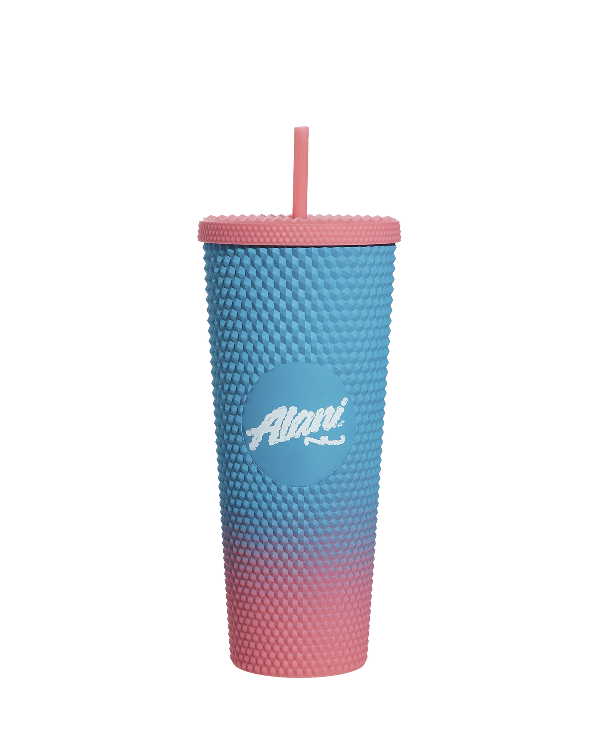 The Fly High Tumbler by Alani Nu is a textured, BPA-free cup with a lid and straw, featuring an ombre blue to pink gradient, complete with a central logo.