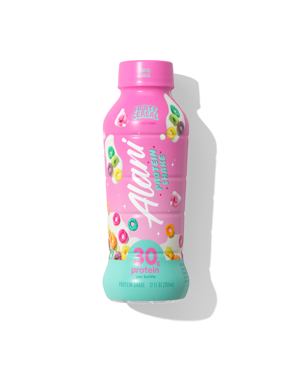 A singular ready-to-drink Fruity Cereal Alani Protein Shake with red and light blue packaging featuring cereal bowls and pieces of rainbow cereal. 