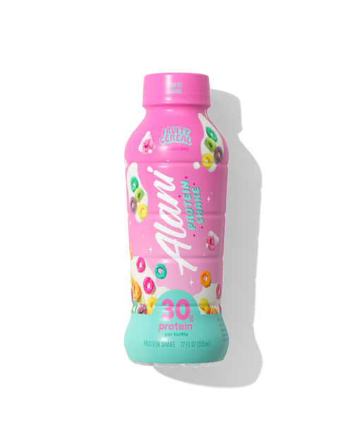 A singular ready-to-drink Fruity Cereal Alani Protein Shake with red and light blue packaging featuring cereal bowls and pieces of rainbow cereal. 