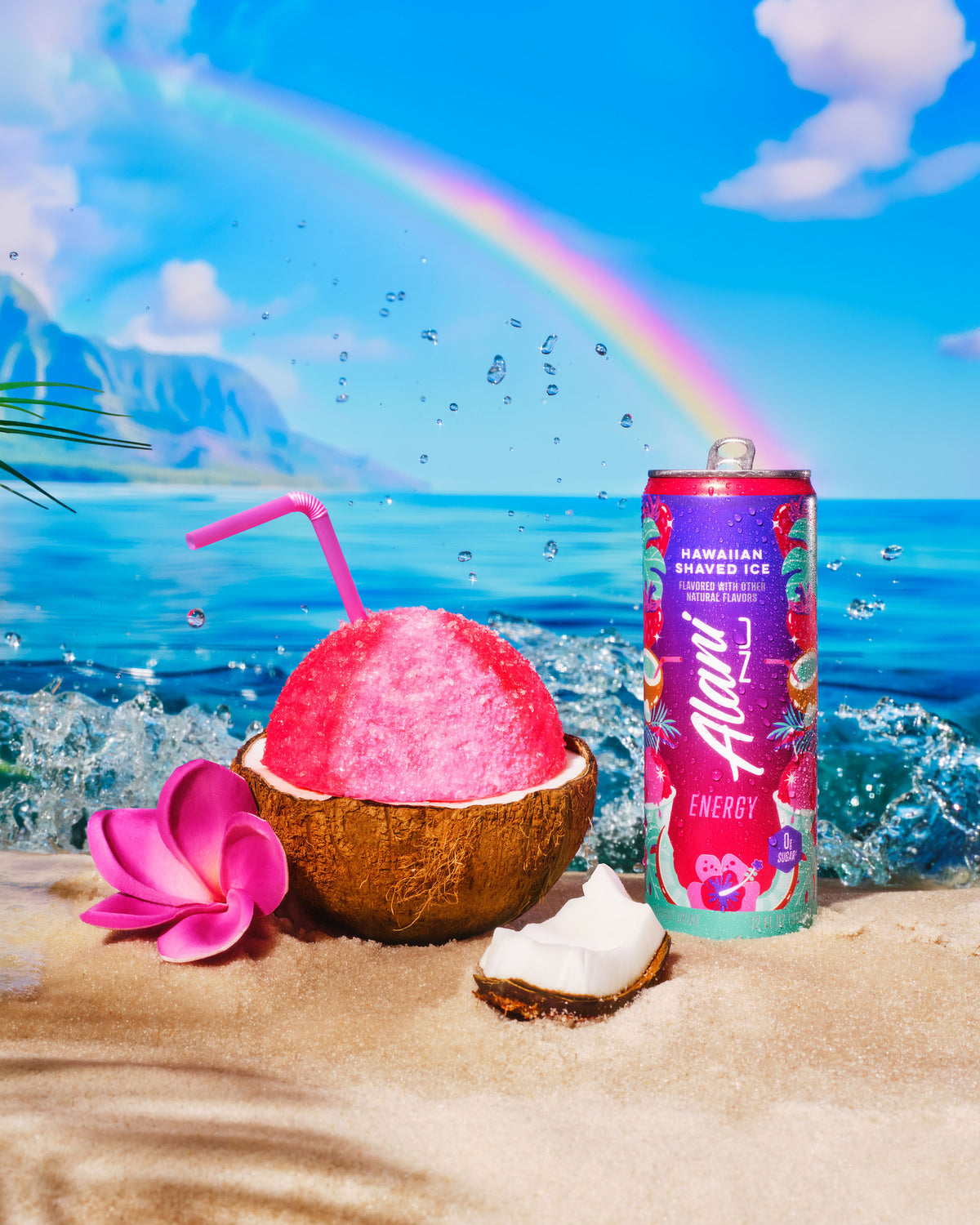 An Energy Drink next to pink shaved ice in a coconut shell. In the distance, a lush island and a rainbow. ​ 