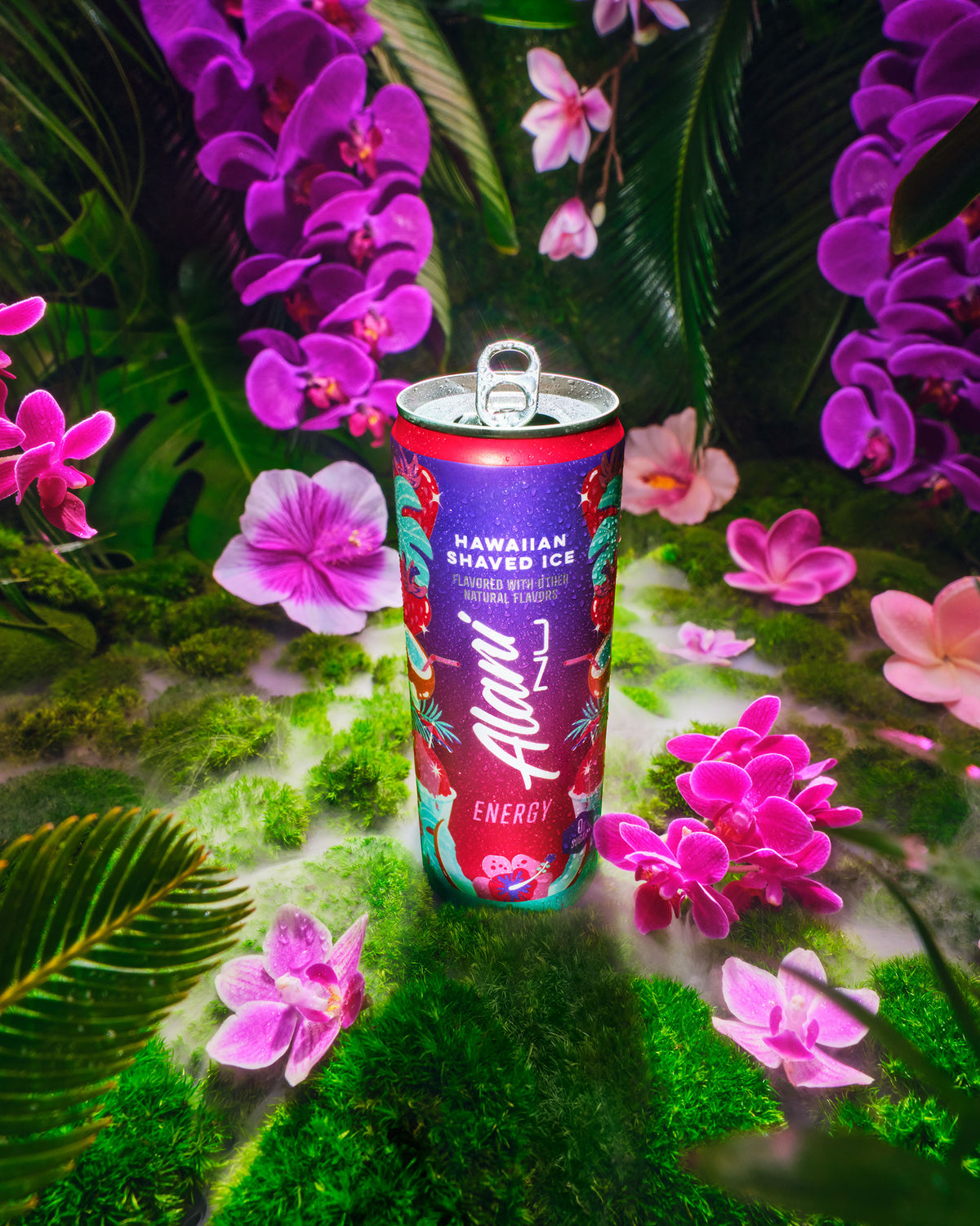 A crisp can of Hawaiian Shaved Ice on the rainforest floor, surrounded by moss, ferns, and orchids. 