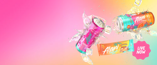 Ice cubes and refreshing waves of sugar-free energy shown splashing onto a Pink Slush Energy Drink, an Orange Kiss Energy Drink, and a Munchies Protein Bar. 