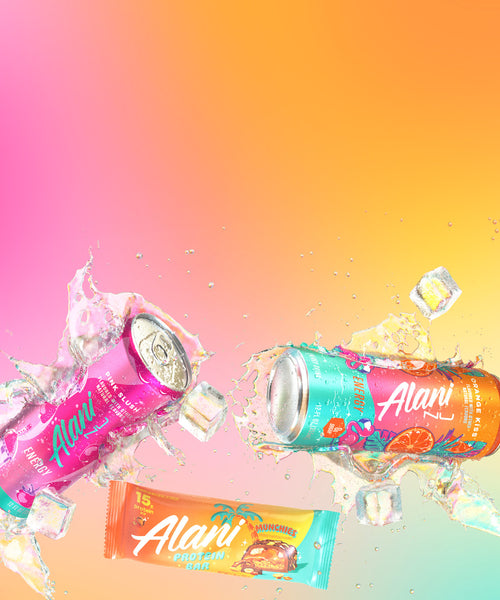 Ice cubes and refreshing waves of sugar-free energy shown splashing onto a Pink Slush Energy Drink, an Orange Kiss Energy Drink, and a Munchies Protein Bar. 