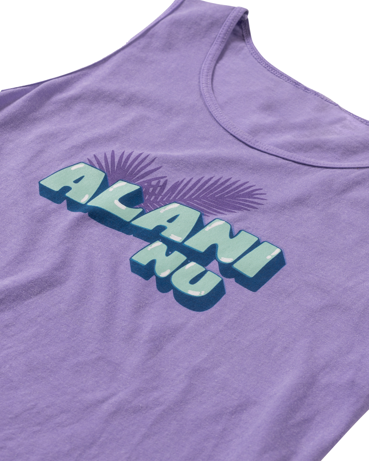 Introducing the Purple Palm Tank by Alani Nu: a limited-edition heavyweight cotton tank, showcasing a striking purple hue adorned with large turquoise &quot;ALANI NU&quot; lettering and an eye-catching palm tree graphic in the background. Designed for a relaxed unisex fit, it’s perfect for any casual outing.