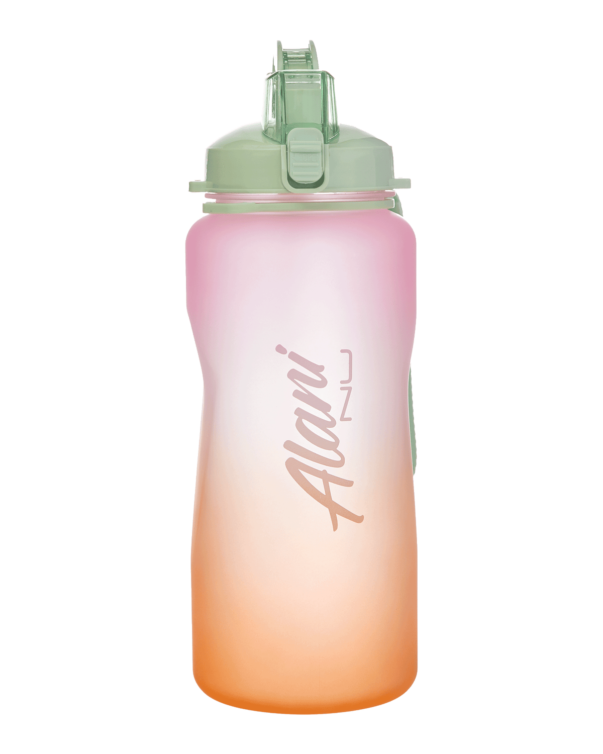 A gradient Hydration Jug - Sunny Side from Alani Nu, featuring a green lid and transitioning from pink at the top to orange at the bottom.