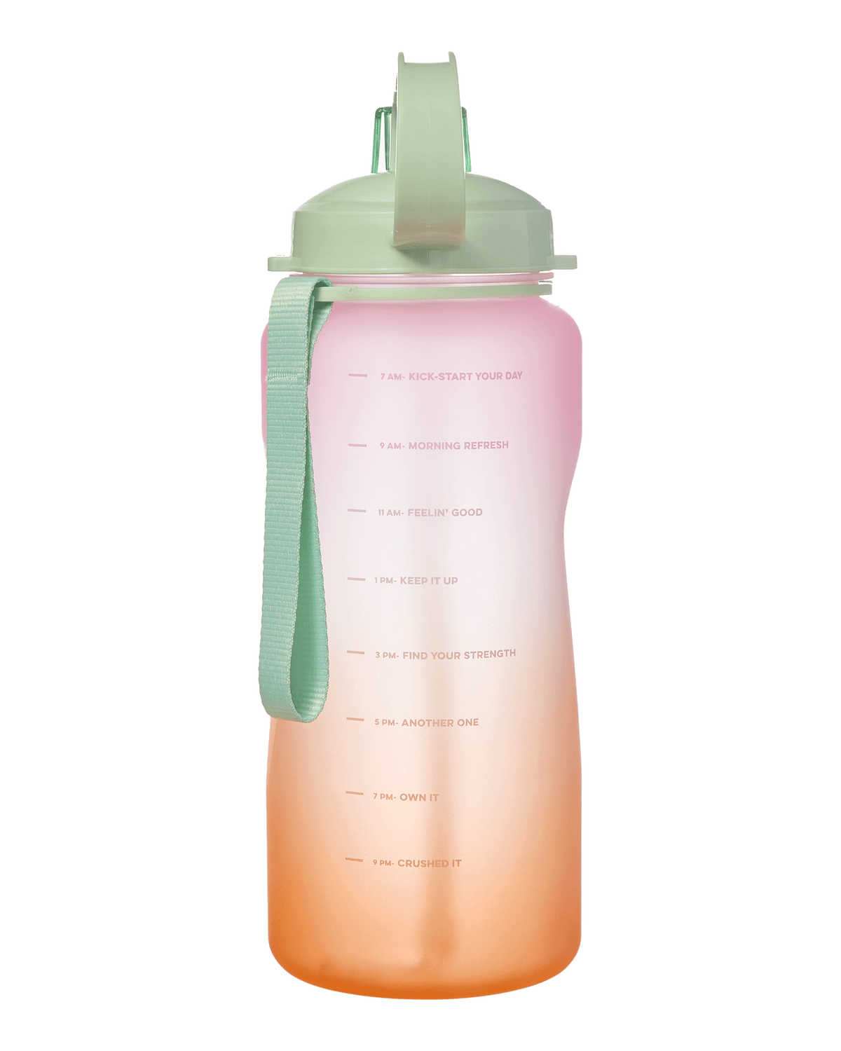 The Hydration Jug - Sunny Side by Alani Nu is a gradient orange to pink water bottle featuring a green lid and matching strap. It includes hourly motivational phrases from 7 AM to 9 PM.