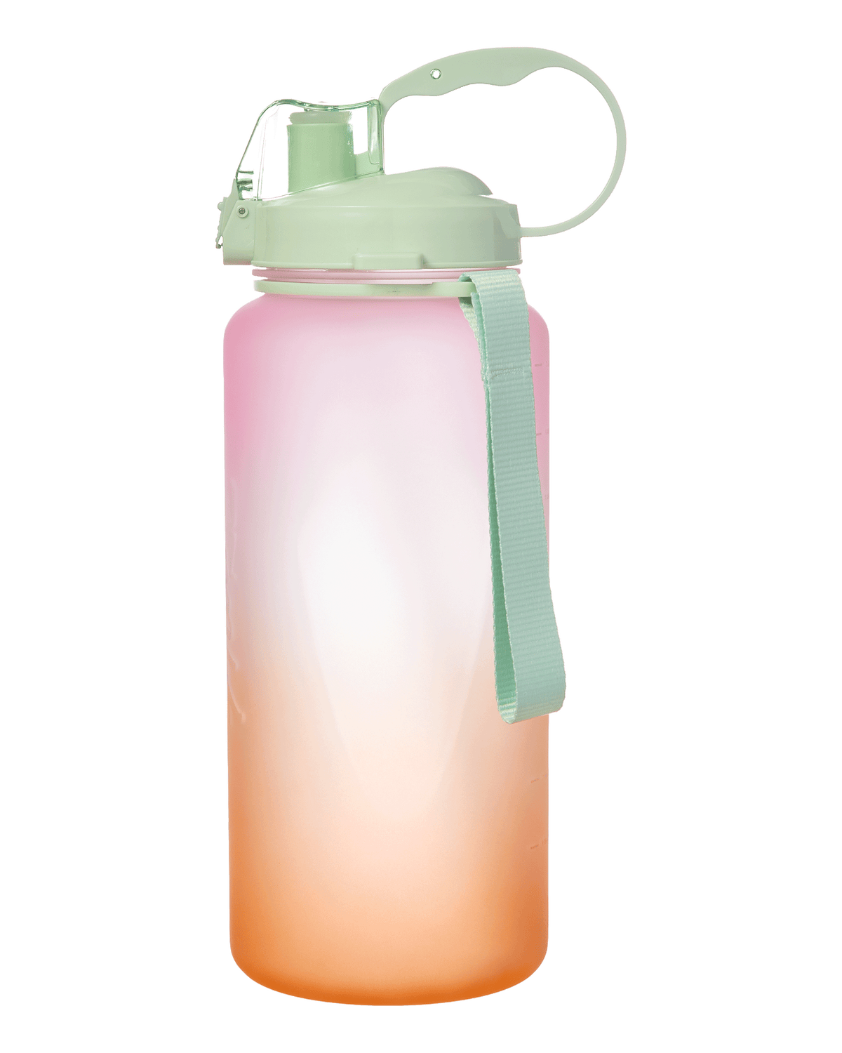 The Alani Nu Hydration Jug - Sunny side features a gradient color transition from pink at the top to orange at the bottom, complemented by a green lid and handle, and a light green strap.