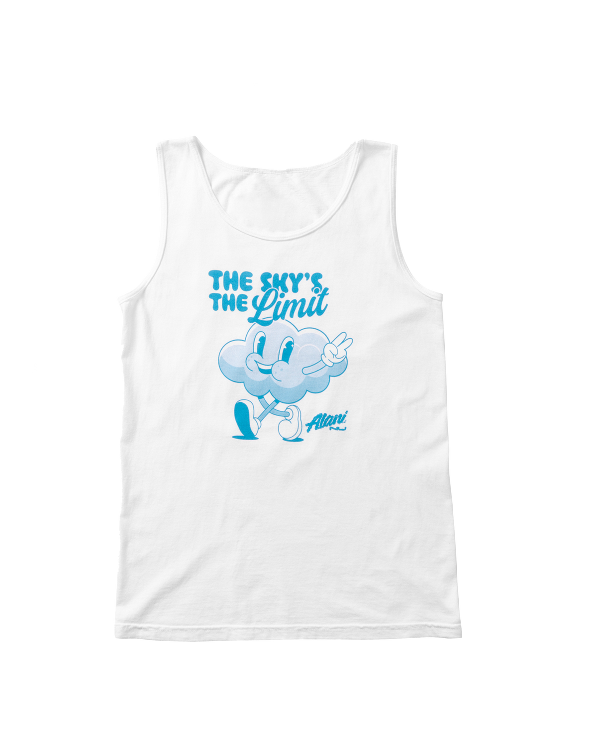 The Cloud White Tank by Alani Nu is a limited-edition piece crafted from heavyweight cotton and showcases a white design adorned with a blue cartoon cloud character along with the text "The sky's the limit" on the front. Its unisex fit guarantees comfort for everyone.