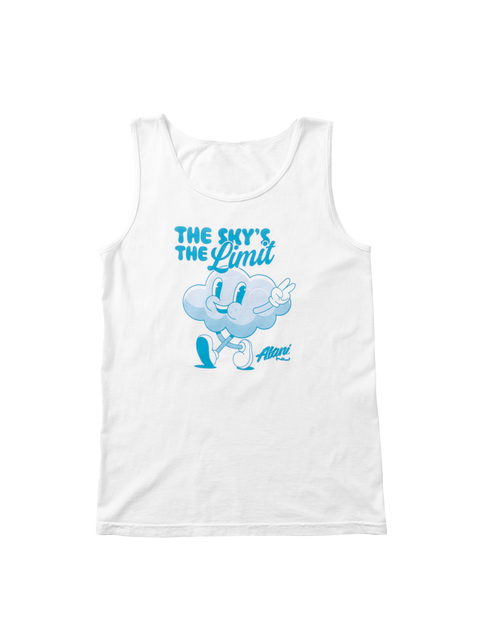 The Cloud White Tank by Alani Nu is a limited-edition piece crafted from heavyweight cotton and showcases a white design adorned with a blue cartoon cloud character along with the text "The sky's the limit" on the front. Its unisex fit guarantees comfort for everyone.