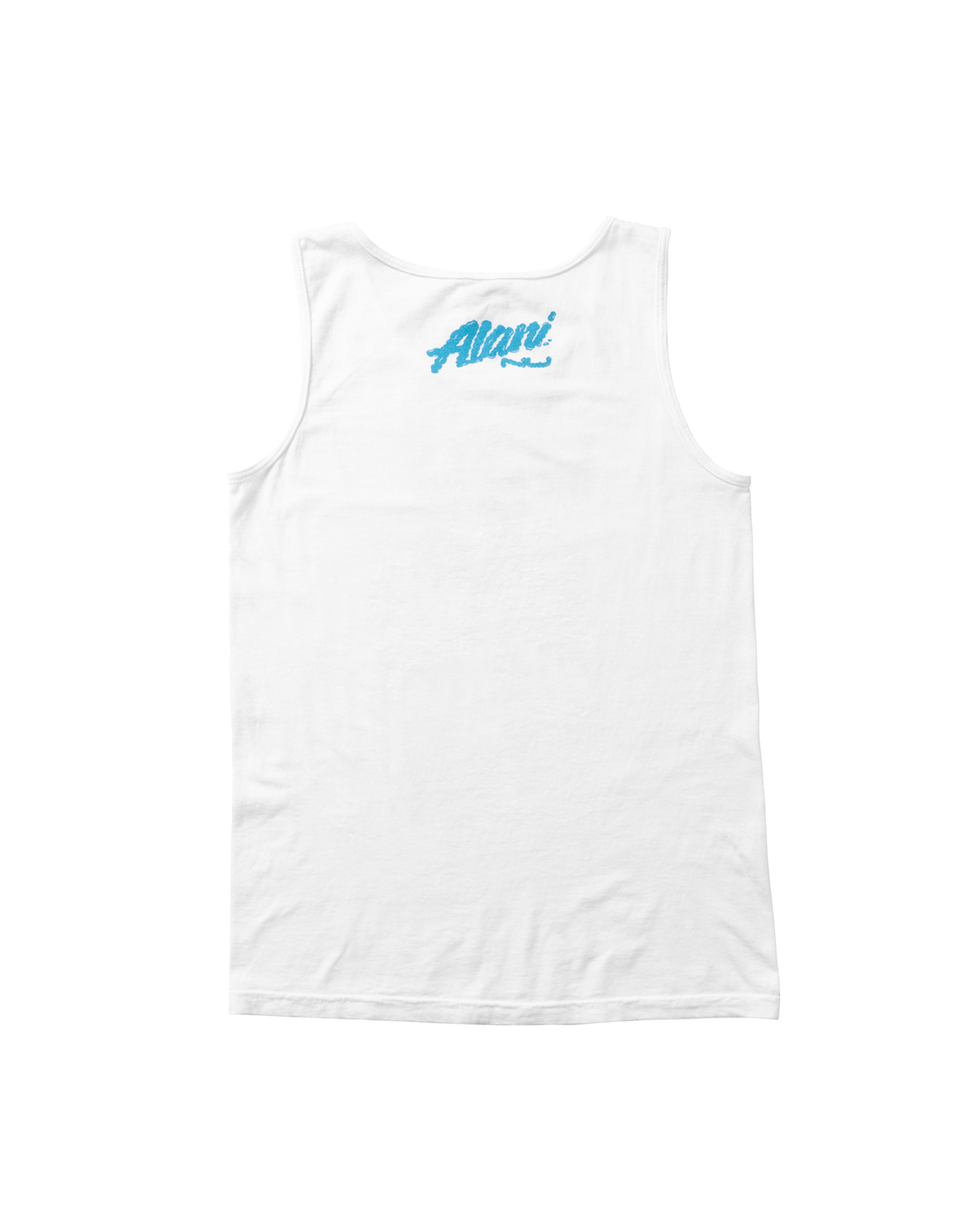 Back view of the Cloud White Tank, a plain heavyweight cotton sleeveless shirt featuring a unisex fit, with &quot;Alani Nu&quot; printed in blue on the upper back.