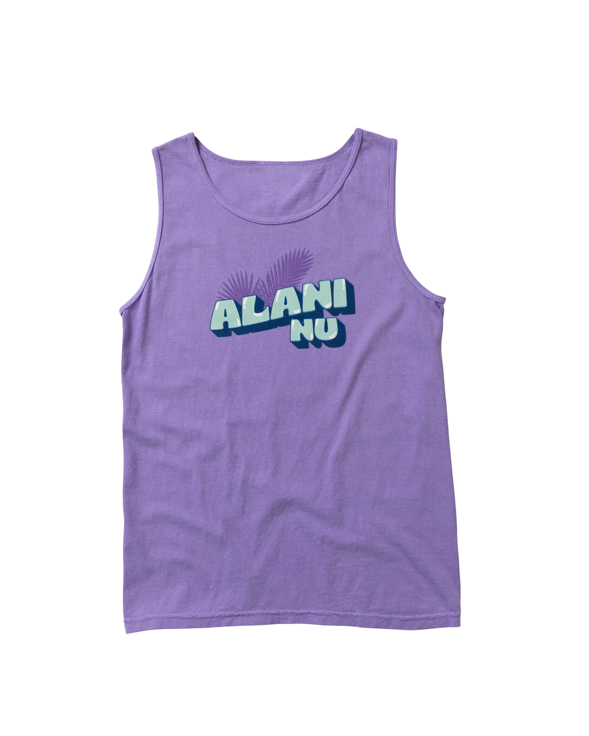 The Purple Palm Tank from Alani Nu is a limited-edition top featuring "ALANI NU" text and a palm frond graphic in blue and white, crafted from heavyweight cotton to provide a relaxed unisex fit.