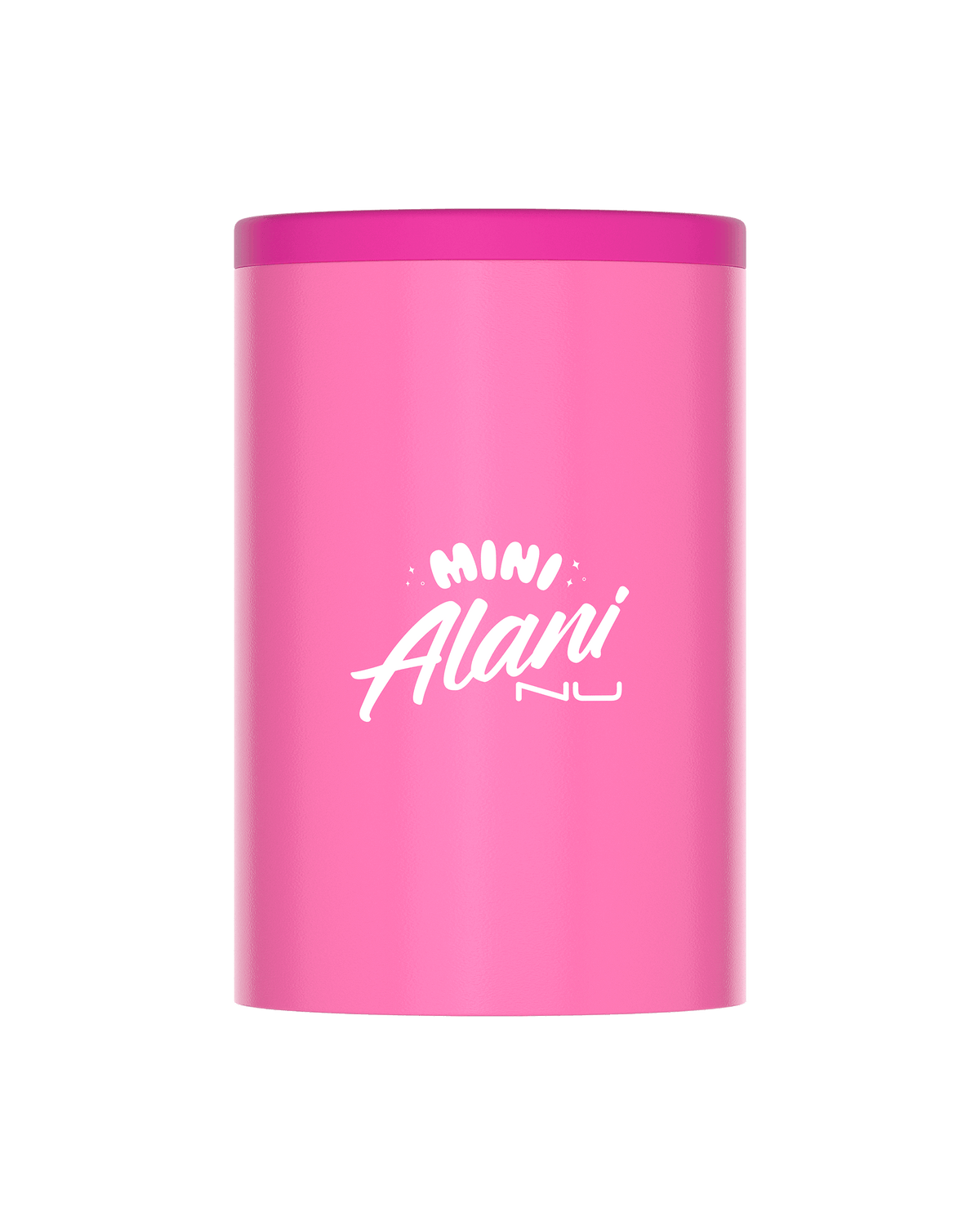 The back view of a dual-toned pink miniature can chiller with a centered MINI Alani Nu Energy Drink logo in white typography.  