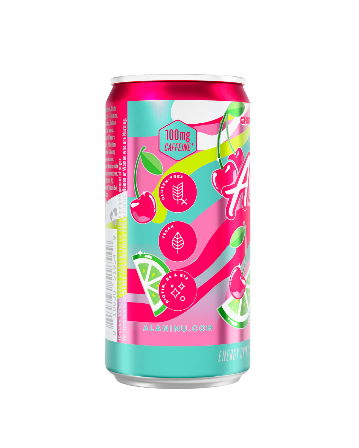 The side view of a Cherry Twist Mini Energy can, gluten-free, vegan, and made with B vitamins and 100mg of caffeine. 