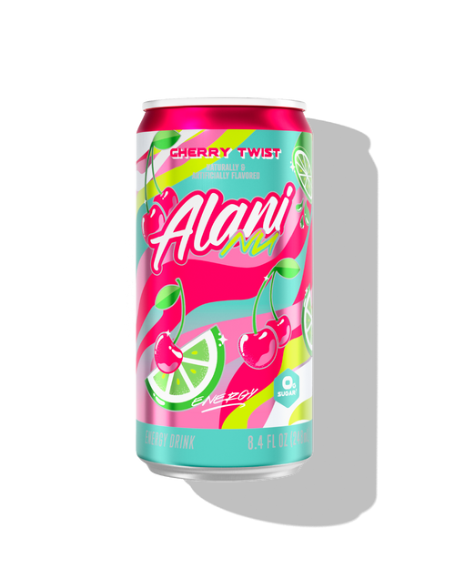 The front view of a sugar-free 8.4oz can of Cherry Twist Alani Nu Mini Energy, naturally and artificially flavored. 